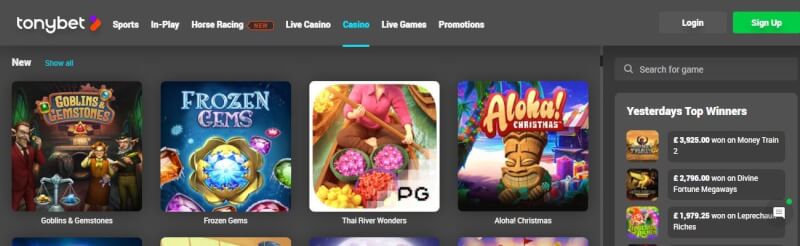 TonyBet Casino is manufactured amazing but the selection of games given by a few software developers. Available all gambling games and incentives from the homepage-logo