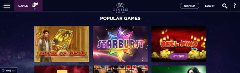 genesis casino lobby offers preferred games like starburst and book of dead, also bonus provides can be found from menu-logo