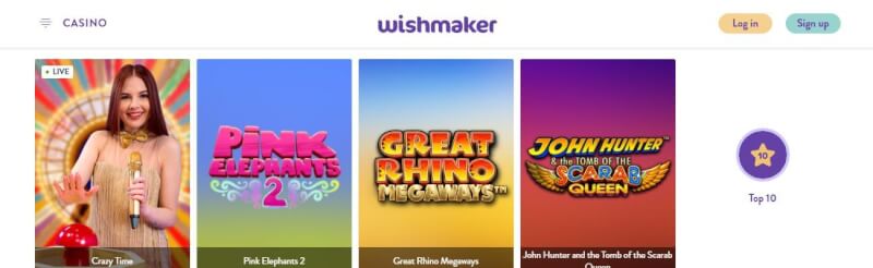wishmaker casino homepage provides casino games, very first deposit extra and offers for new players-logo
