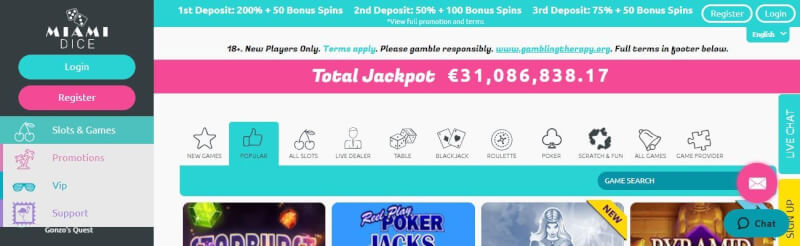 miami dice homepage offers gambling games, first deposit extra and campaigns for new players-logo