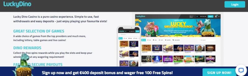 Luckydino casino lobby with slot machines and casino games, sign up to get very first deposit bonus-logo