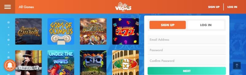 slottyvegas casino lobby provides various gambling games, enrollment options and bonus offers-logo