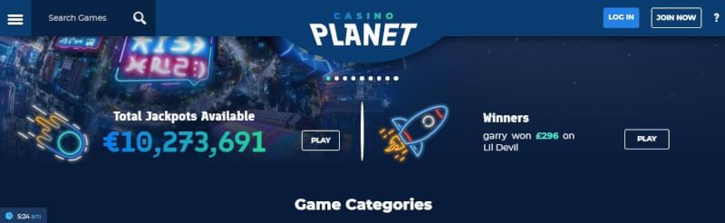 casino earth lobby provides jackpot games, search games filter and promotions for new players-logo