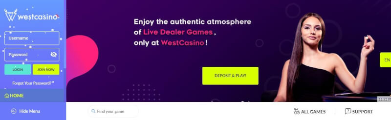 westcasino homepage offers gambling games, very first deposit extra and promotions for new players-logo