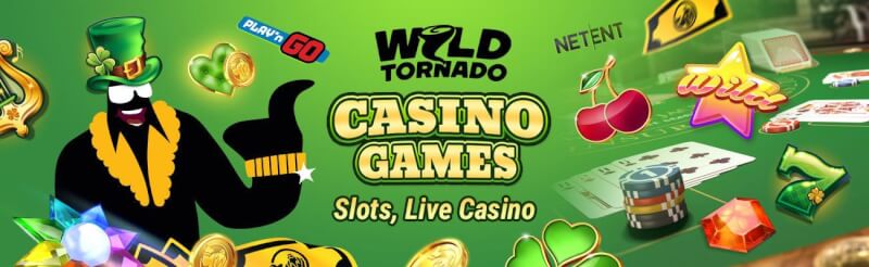 wild tornado casino offers numerous casino games like slot machines and real time casino with blackjack, baccarat, table games and roulette-logo